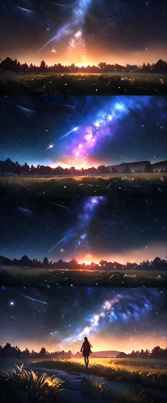 (((A meteor shower dancing in the night sky, countless stars twinkling in the clear air, a beautiful starry sky, the Milky Way shining beautifully in the night))), grass field, (best quality, 4K, 8K, highres, masterpiece:1.2, ultra-detailed, HDR, uhd, studio lighting, ultra-fine painting, sharp focus, physically-based rendering, extreme detail description, professional, vivid colors, bokeh)