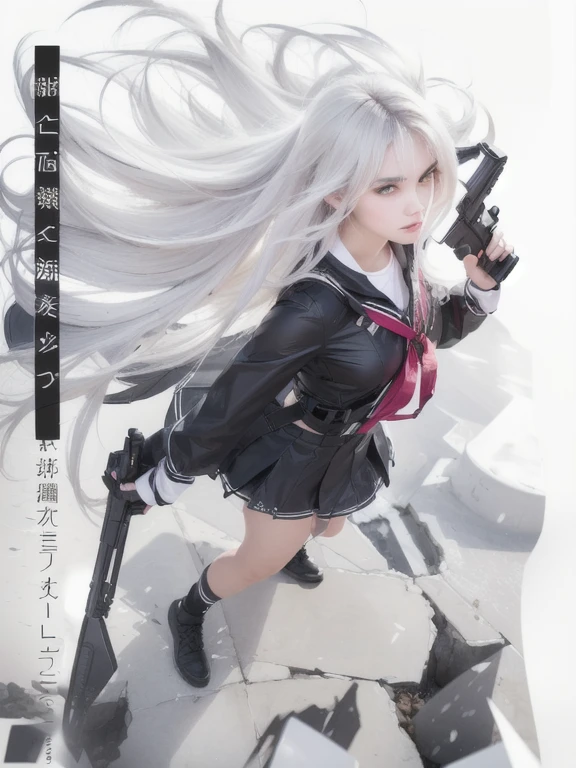 ((ultra realisitic)), ((picture-perfect)), ((face perfect)), ((ultra detaild)), ((fully body)), ((perfectbody)), a girl with long white hair in a black holding a gun