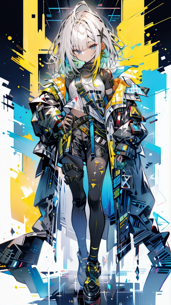 1 girl, short yellow hair, cyberpunk, Alice in Wonderland, black high heels, hand in pocket, best quality, 4k, 8k, highres, masterpiece:1.2, ultra-detailed, realistic, photorealistic, photo-realistic:1.37, HDR, UHD, studio lighting, ultra-fine painting, sharp focus, physically-based rendering, extreme detail description, professional, vivid colors, bokeh, concept art