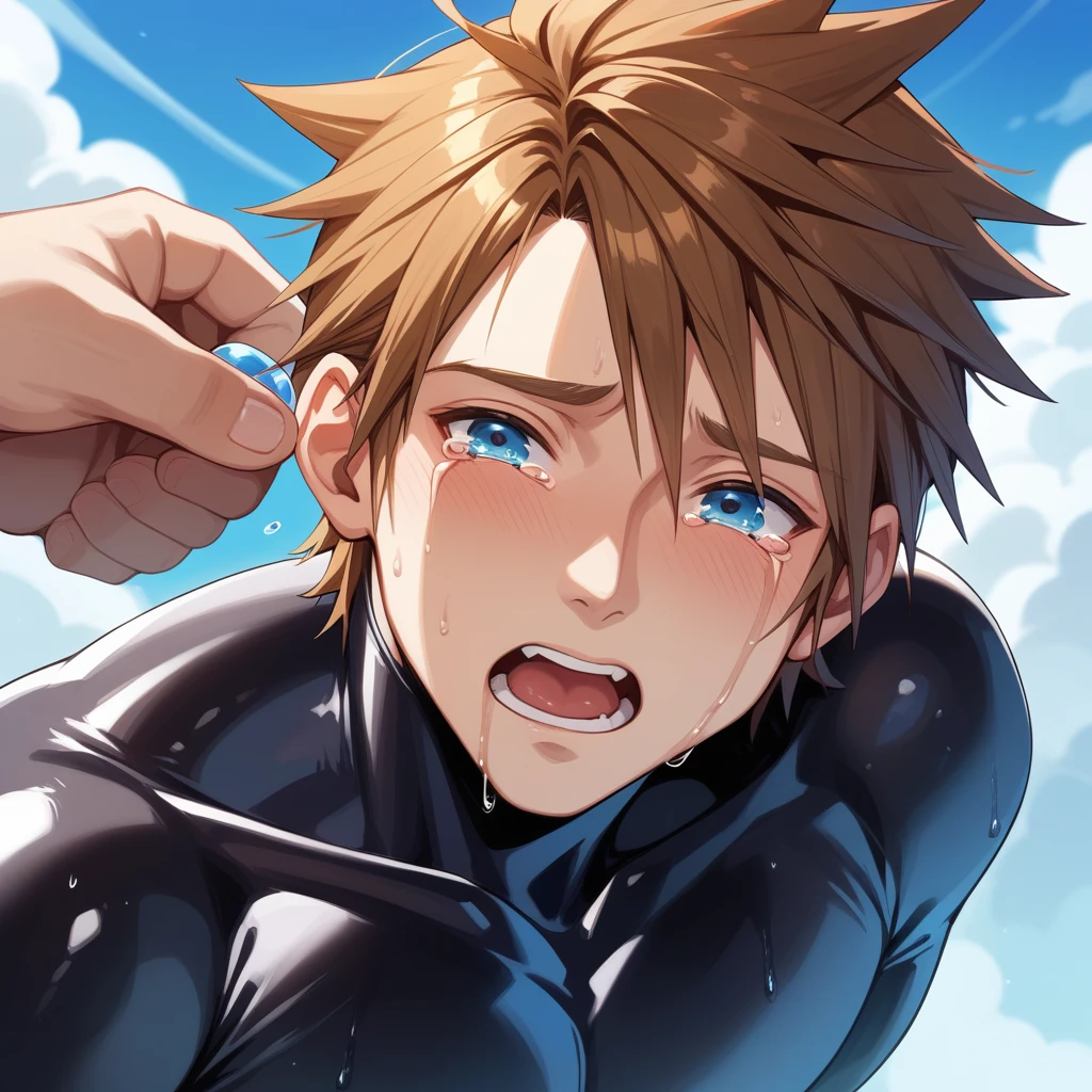 Kingdom hearts、((sky))、（A boy restrained and with an erection）naked、Brown Hair、cute、Spiky hair、Are crying、Looks disgusting、（Tight Rubber Suit、Thick black liquid、Adhesive Liquid）