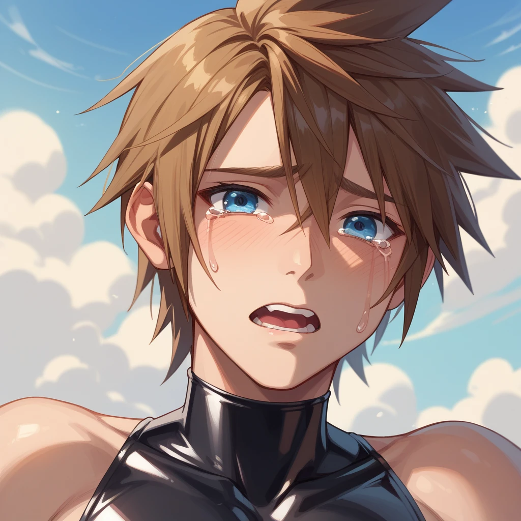 Kingdom hearts、((sky))、（A boy restrained and with an erection）naked、Brown Hair、cute、Spiky hair、Are crying、Looks disgusting、（Tight Rubber Suit、Thick black liquid、Adhesive Liquid）