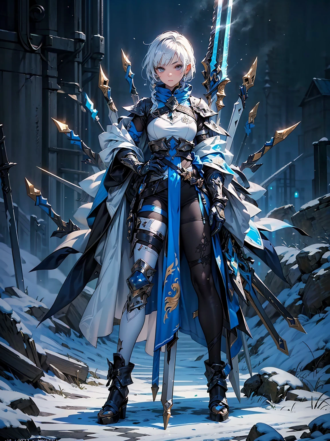 (((masterpiece, best quality, high detailed, 8k))) Design a layout showcase Gaming character, (1girl). Blue|Silver clothes, stylish and unique. ((showcase weapon:1.4)), bow and arrows. (masterpiece:1.2), (best quality), 4k, ultra-detailed. (Step by step design, layout art:1.5), (luminous lighting, atmospheric lighting). archer, ((glove full hands)), (((revealing clothes:1.3))), vambraces, armored legwear, (((full_body_shot:1.4))). {On a snowy mountain}.
