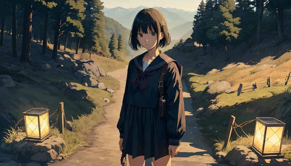 girl、alone,Temporarily stop, whole body, Sailor suit、Holding a handgun、Dim mountain road、Anime illustration