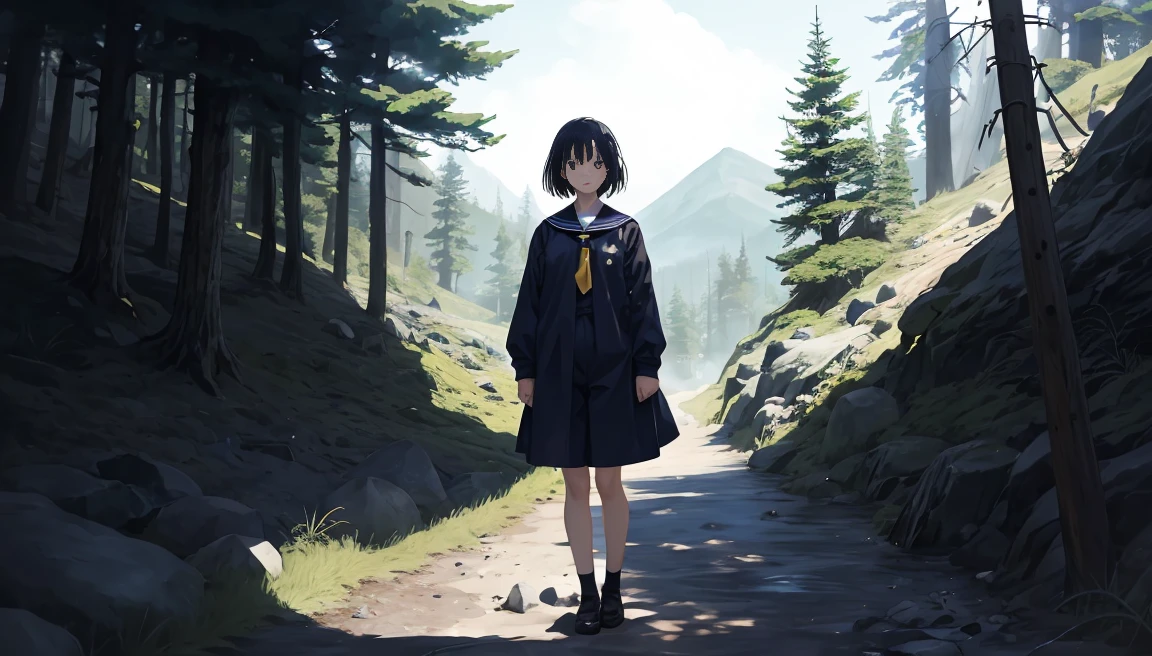 girl、alone,Temporarily stop, whole body, Sailor suit、Holding a handgun、Dim mountain road、Anime illustration
