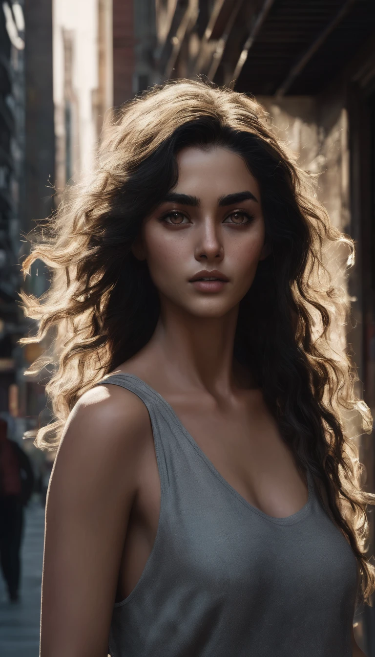 there is a woman that is walking down the street with her hair blowing in the wind, realistic digital painting, photorealistic digital painting, cinematic realistic portrait, realistic digital art 4k, realistic digital art 4 k, 8 k realistic digital art, cinematic digital painting, gorgeous digital painting, ultra realistic digital painting, matte painting portrait shot, stunning digital painting