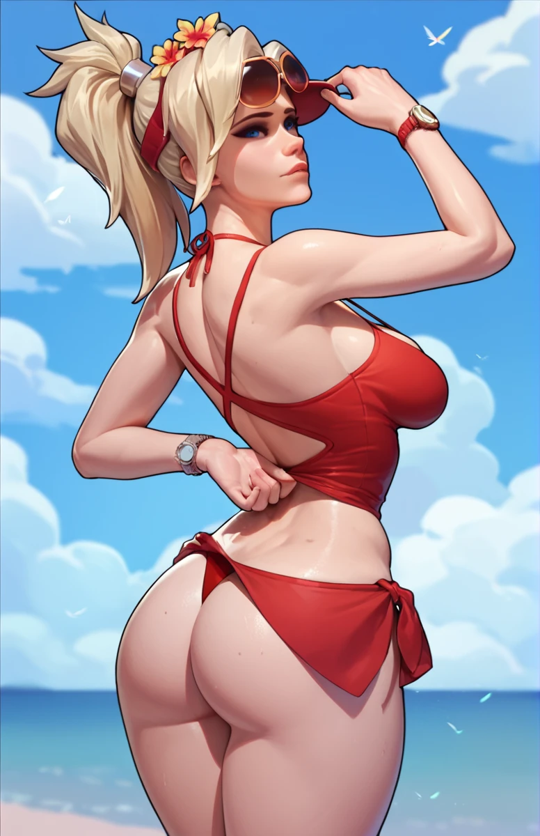 score_9,score_8_up,score_7_up,score_6_up ,source_overwatch score_9, score_8_up, score_7_up, 1woman, solo, mercy \(overwatch\), high quality, at beach, red swim bikini, red cappy, baywatch