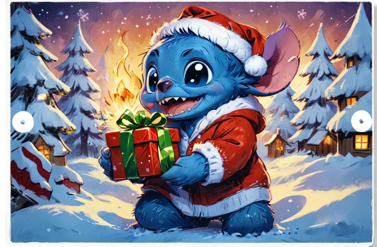 Stitch was holding a Christmas gift on the snow and smiling happily