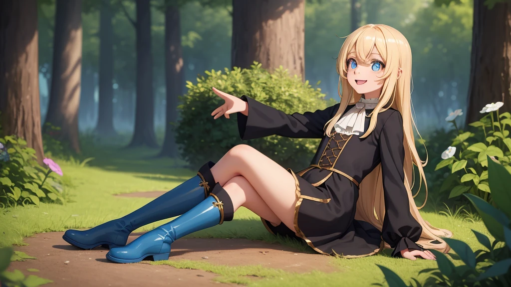 masterpiece, taller than,Very detailed, Absurd, witch, 8-year-old, girl, alone, Blonde, Long Hair, blue eyes, Blue Boots, Long sleeve,Have,in the forest, smile,Open your mouth,