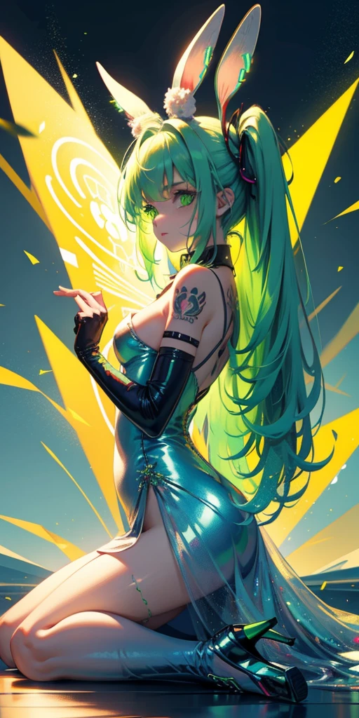 Rabbit technique , Science Fiction, Fluffy ,
1 girl, Tattoo, Glowing tattoo, Glowing eyes, Colorful glowing hair , Full body love, Green Hair,
Kawaiitech, Soft colors, Kawaii, Lovely colors,