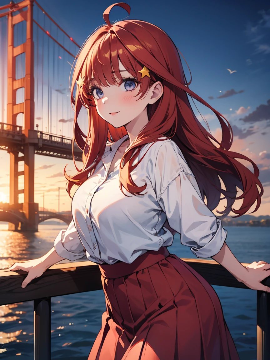 Very detailed, highest quality, masterpiece, gravure body type, medium breasts, moody angle, cowboy shot,( 1girl, solo:1.5), aaitsuki, long hair, ahoge, star hair ornament,( Date, Date outfits, casual), skirt, happy, very detailed background, day, sky, The sea, the huge steel suspension bridge in the background, the Gate Bridge,