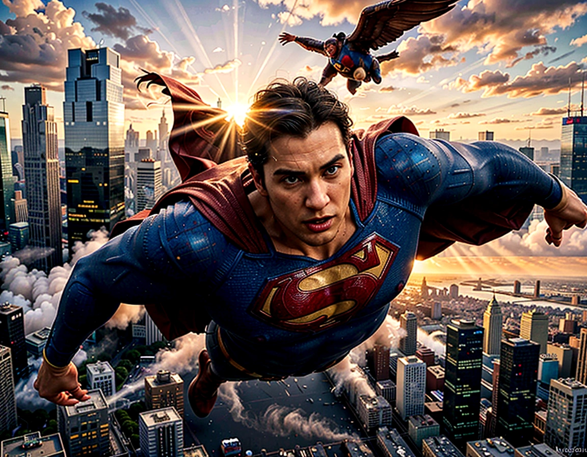 (highres, realistic:1.37), Superman flying over a bustling city, vibrant colors, detailed cityscape, detailed clouds, strong backlighting, heroic pose, cape fluttering in the wind, iconic "S" logo, tall skyscrapers, busy streets, moving vehicles, shiny glass windows, transparent buildings, futuristic architecture, people looking up in awe, dynamic composition, powerful energy radiating from Superman, intense focus on Superman's face, determined expression, confident stance, billowing smoke, realistic textures, shadows and highlights emphasizing depth, realistic city lights, dramatic sunset sky, cinematic feel, iconic superhero