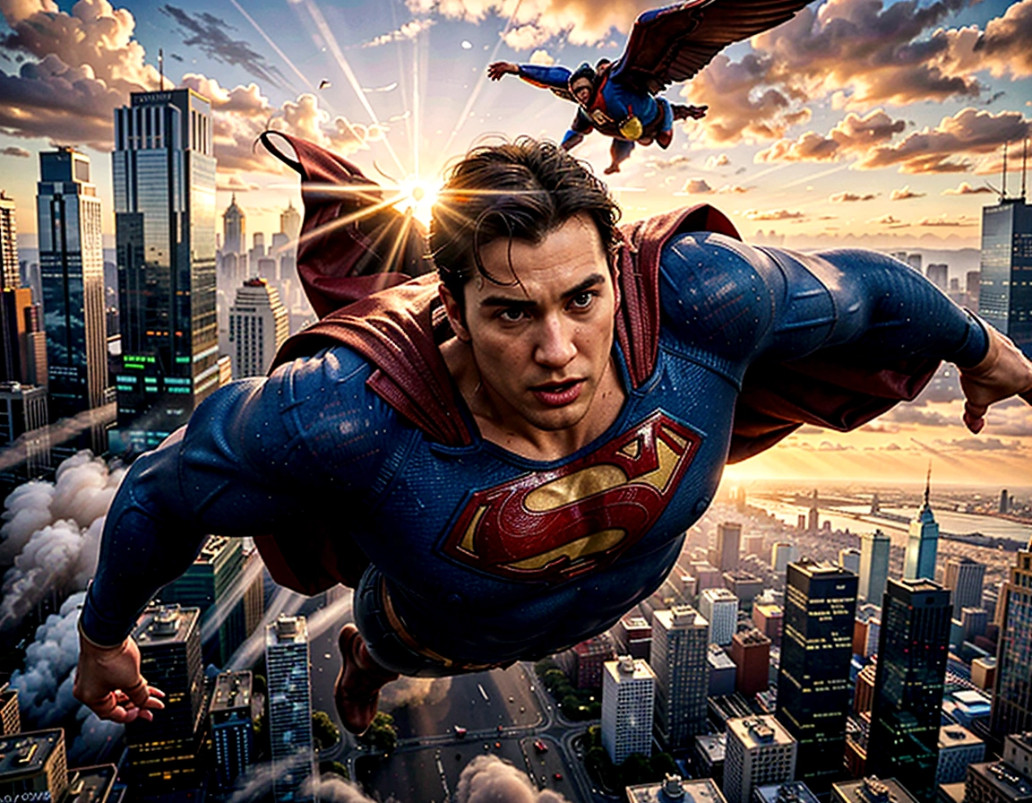 (highres, realistic:1.37), Superman flying over a bustling city, vibrant colors, detailed cityscape, detailed clouds, strong backlighting, heroic pose, cape fluttering in the wind, iconic "S" logo, tall skyscrapers, busy streets, moving vehicles, shiny glass windows, transparent buildings, futuristic architecture, people looking up in awe, dynamic composition, powerful energy radiating from Superman, intense focus on Superman's face, determined expression, confident stance, billowing smoke, realistic textures, shadows and highlights emphasizing depth, realistic city lights, dramatic sunset sky, cinematic feel, iconic superhero