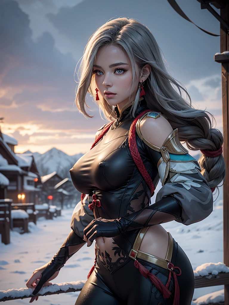 shenhedef, upper body, seductive look, blush, outdoors, snowflake scenery, looking at viewer, cloudy, moody lighting, (perfect detail eyes:1.2), glowing eyes, (long hair one braid:1.2), elemental skill effect, (Masterpiece, Best Quality, High Quality:1.4), professional artwork, Intricate Details, field of view, sharp focus, detailed painting, photorealistic lighting, trending on pixiv, (vivid lighting, vibrant colors:1.05), realistic shadows, ambient occlusion, (athletic body:1.3), mature woman, 30yo,