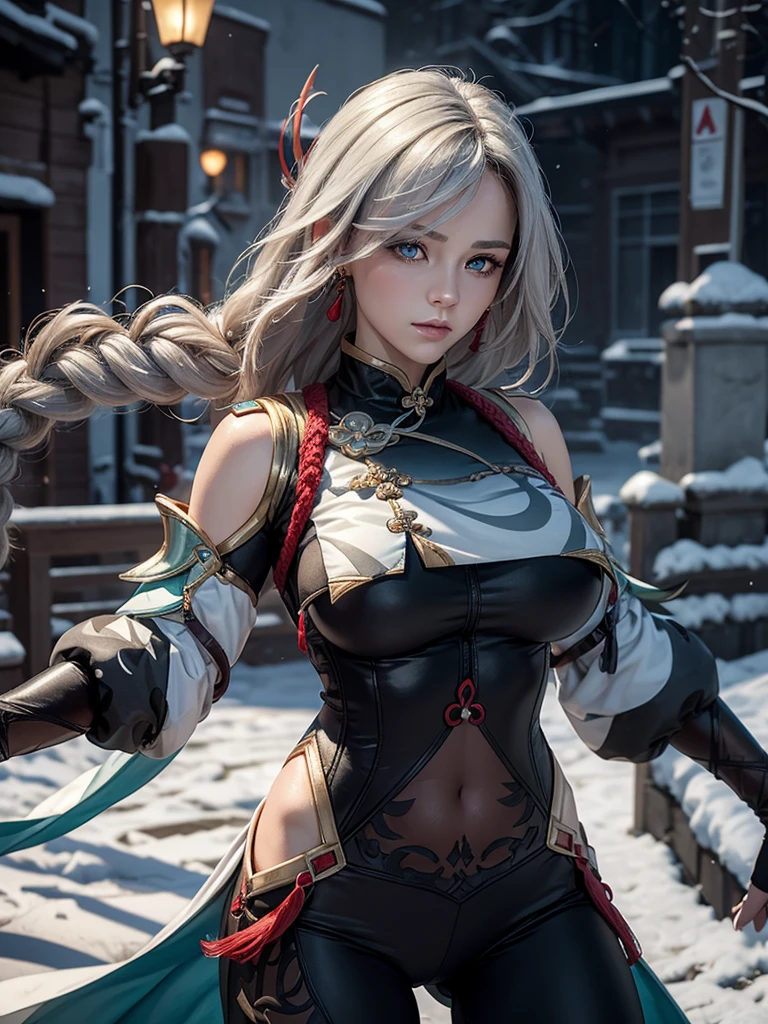 shenhedef, upper body, seductive look, blush, outdoors, snowflake scenery, looking at viewer, cloudy, moody lighting, (perfect detail eyes:1.2), glowing eyes, (long hair one braid:1.2), elemental skill effect, (Masterpiece, Best Quality, High Quality:1.4), professional artwork, Intricate Details, field of view, sharp focus, detailed painting, photorealistic lighting, trending on pixiv, (vivid lighting, vibrant colors:1.05), realistic shadows, ambient occlusion, (athletic body:1.3), mature woman, 30yo,