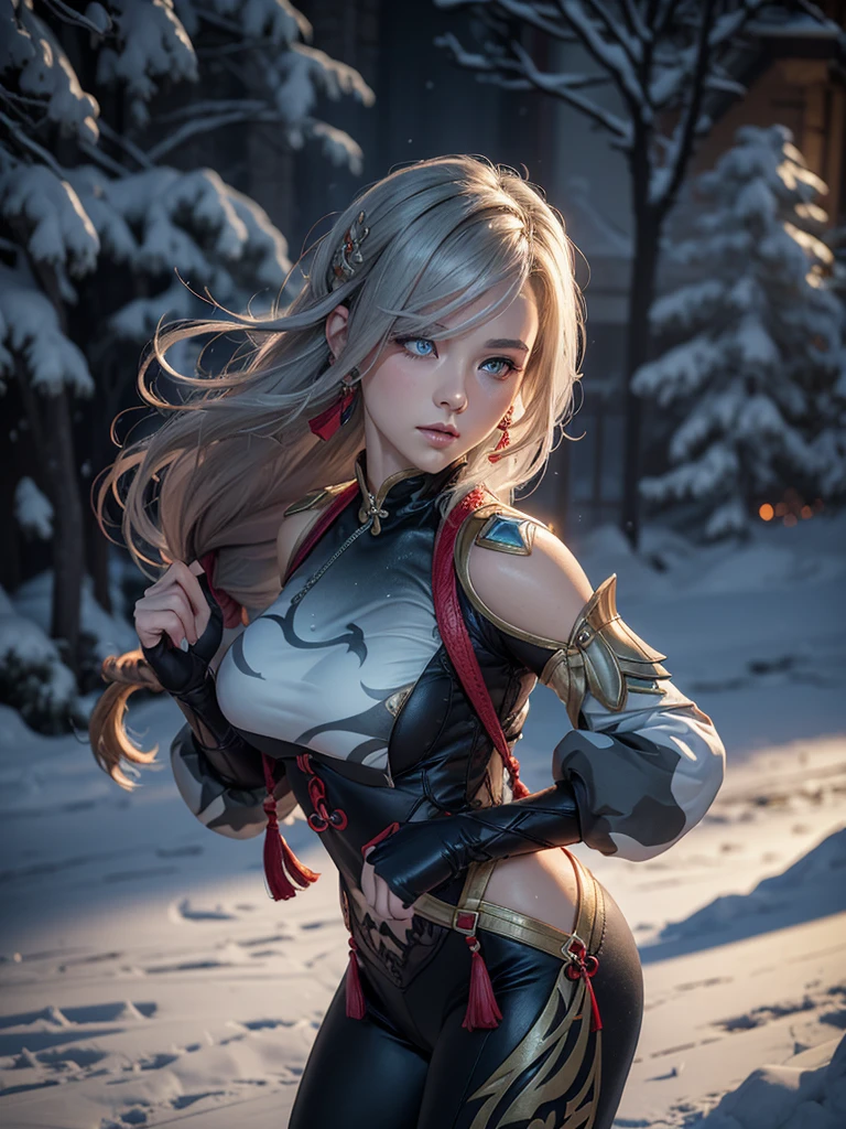 shenhedef, upper body, seductive look, blush, outdoors, snowflake scenery, looking at viewer, cloudy, moody lighting, (perfect detail eyes:1.2), glowing eyes, (long hair one braid:1.2), elemental skill effect, (Masterpiece, Best Quality, High Quality:1.4), professional artwork, Intricate Details, field of view, sharp focus, detailed painting, photorealistic lighting, trending on pixiv, (vivid lighting, vibrant colors:1.05), realistic shadows, ambient occlusion, (athletic body:1.3), mature woman, 30yo,