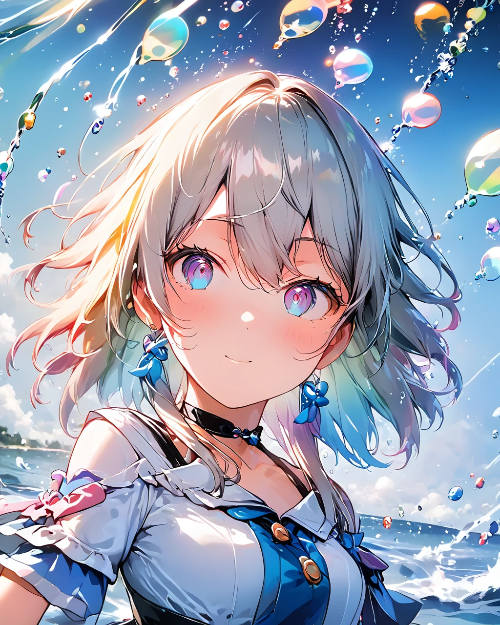 8K,Detailed anime style,Close-up shot,Cute girl with swinging hair,Standing in water,Upper Body,View your viewers,Surrounded by colorful bubbles,The Shining,Shadow,
march 7th,