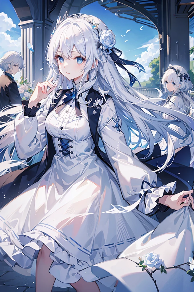 White-haired, blue-eyed girl、Long and wavy、hair ornaments、Fluffy white dress、race、ribbon、Roses on the background