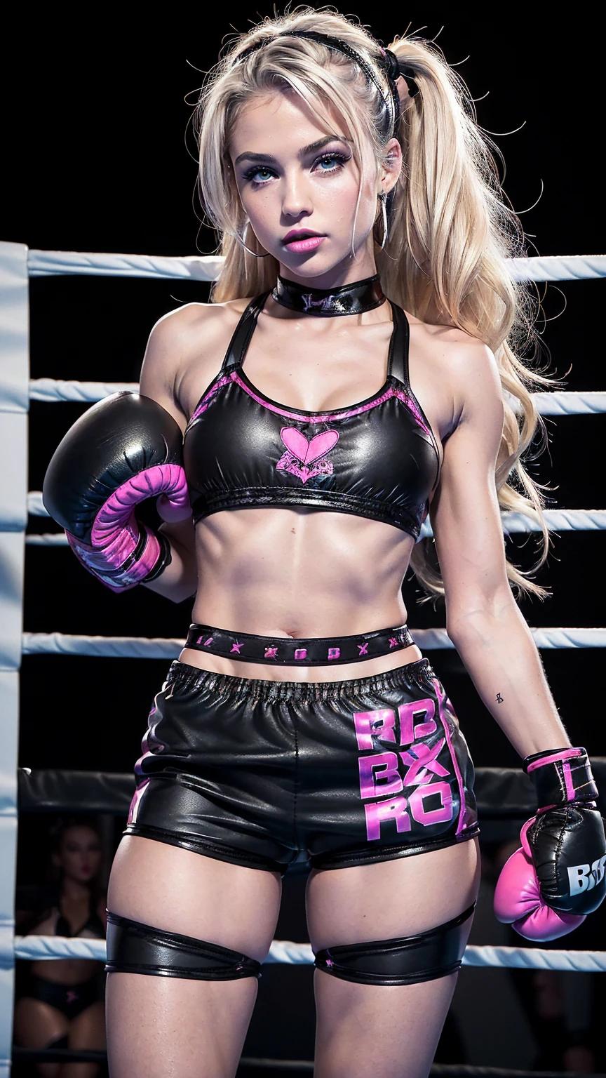 Beautiful cute young American barbie bimbo, 18 years old, young sexy face, ((black boxing shorts:1.5)), ((sexy black boxing shorts:1.3)), ((tiny bikini top)), ((black boxing boots)), eyes, straight blonde hair, muscular arms, toned body, boxing gloves, (pink lipstick, heavy makeup), ((black boxing shorts:1.3)), slutty makeup, intimidating pose in a boxing ring, (full body portrait:1.3),