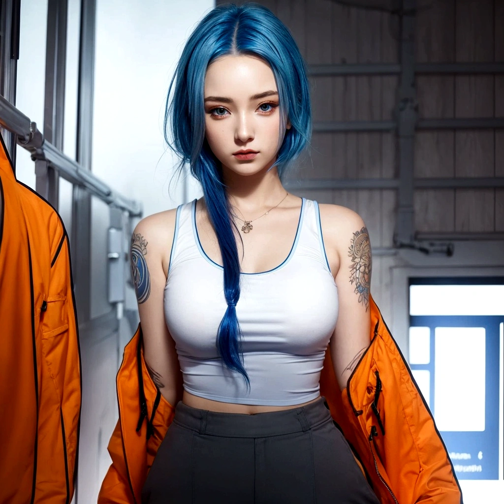 Beautiful  girl with blue hair and a white top and orange jacket, realistic 
