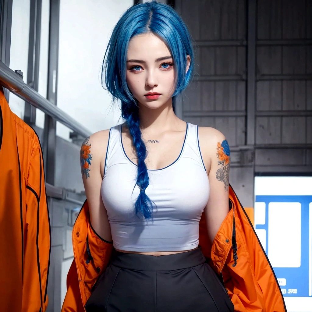 Beautiful girl with blue hair and a white top and orange jacket, realistic