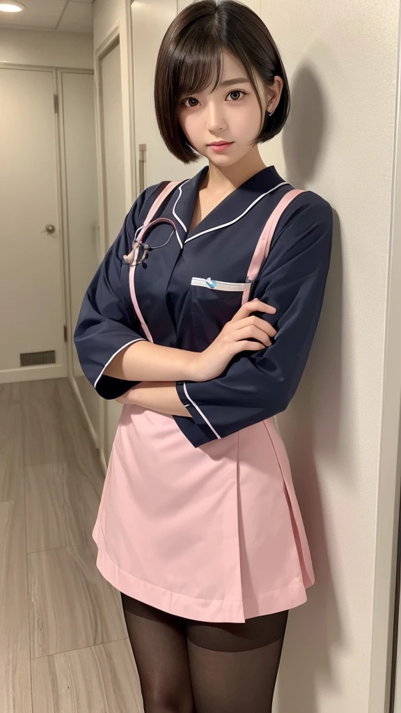 (1 Girl)、(Beautiful Japanese、18years old,round face、Refreshing、clear、seems kind、stylish、Pitiful、cute like an angel、cute、black eyes、full body focus, actress, Almond-shaped eyes), Good style , (Beautiful big breasts:1.0),(soft breasts),(very cute),(Black hair),(short bob hair),(enchanting eyes),(highlight on eyes:1.2)、(8K、Live shooting、highest quality、masterpiece:1.2、optimal lighting)、((masterpiece)),(Photo taken by a professional photographer),(real、photo real:1.4),break,{ (pink nurse costume),(((taraditional nurse uniform))),(pink nurse mini skirt),(( pantyhose)),(cleavage:0.7)},(Jaw bite),(cheeks are red:1.2), break, break,Hospital,Face shot:1.3、Hospital corridor、Looking at viewer,  lower body,  Show thighs,    