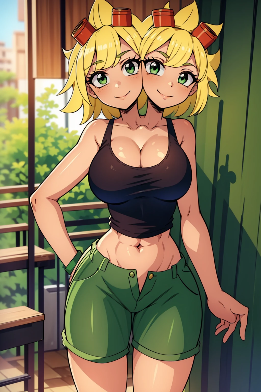 best quality, (masterpiece),(ultra-detailed), (high quality), (high resolution), ((2heads:1.5)), best quality:1.5, highres, UHD, 16K), smiling, highres, masterpiece, (blonde hair), (cleavage), (black short tank top), medium long hair, ((green denim shorts)), lustrous and smooth skin, (mature woman), (black eyes), (cute face), (exposed midriff), seductive silhouette, ((slim hips)), casual dress, sexy proportions, young girl with accentuated slender abs, long legs, seductive woman, lustrous woman, (large breasts), ((detailed eyes)), boots, (red goggles)