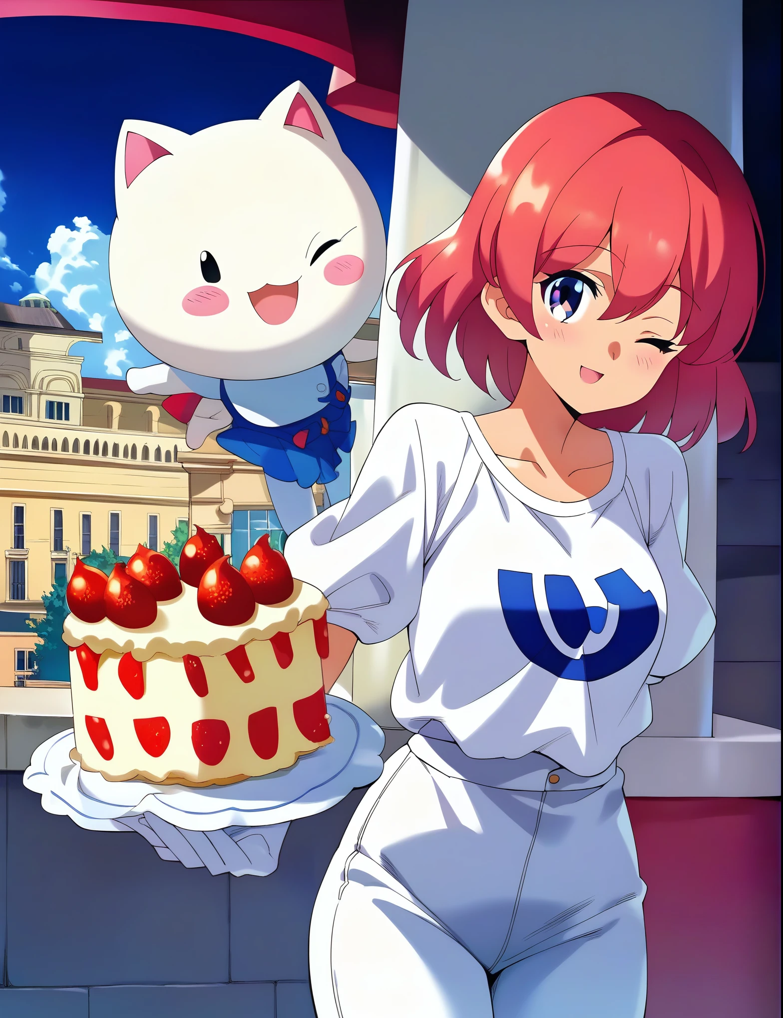 NSFW1.9、Completely naked、,cake,score_9,score_8_up,score_7_up,source_アニメ,1girl,独奏,looking at viewer,shirt,white puff sleeve,short sleeves,white gloves,white pants,smile,:d,one eye closed,light_blush,city,fountain,arms_behind_back,standing,leaning_forward,cowboy_shot,front view,