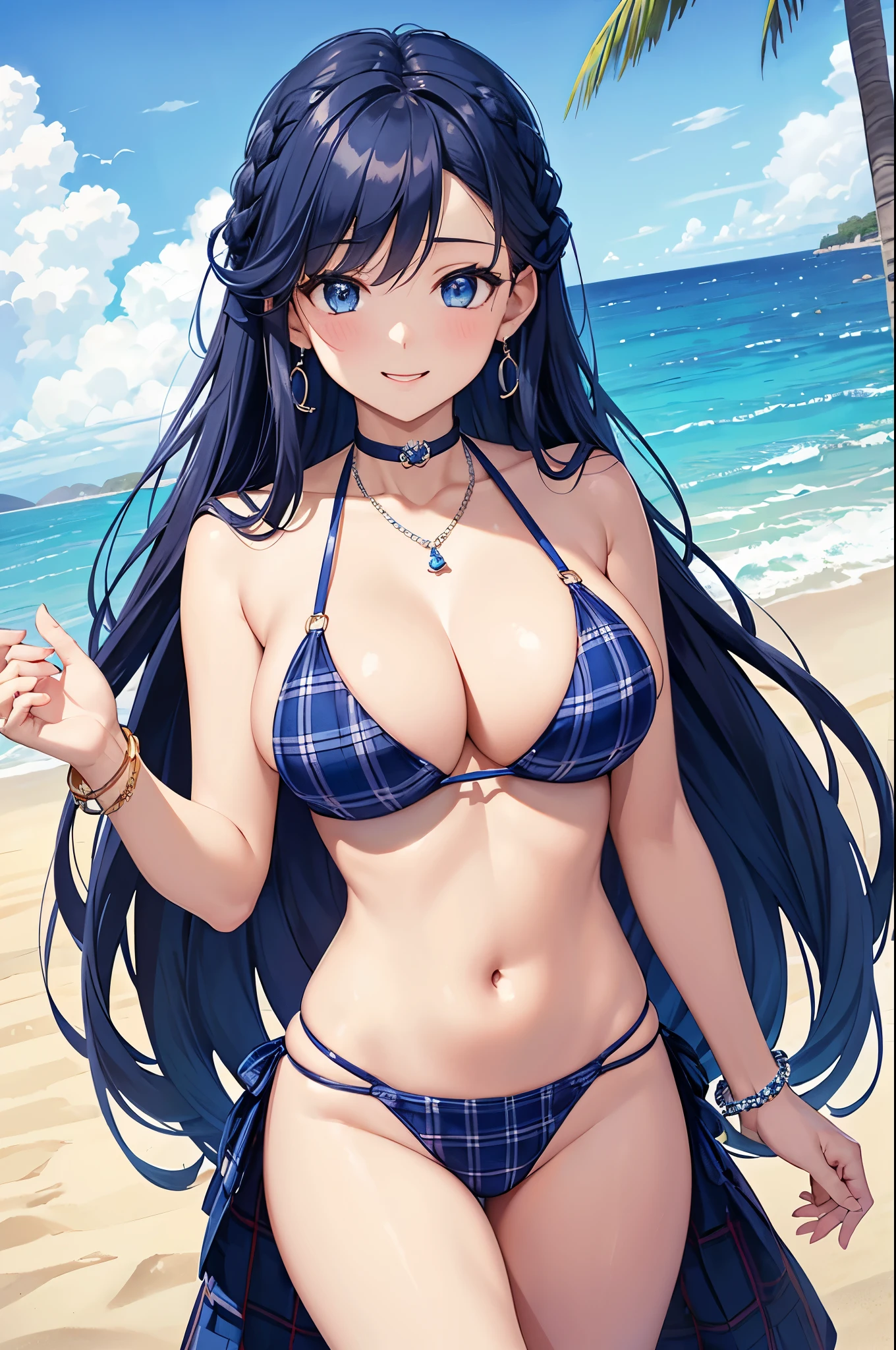 Highest quality、Highest quality、masterpiece、(8K),beauty(Age 25)、Navy blue long hair(Braiding of sides)、blue eyes、Sexy Bikini(Plaid)、Big cleavage、(Big Breasts)、smile、blue necklace、Blue Earrings、background(Beach)、Please open your mouth wide、bracelet、Arch Pose、Blue choker