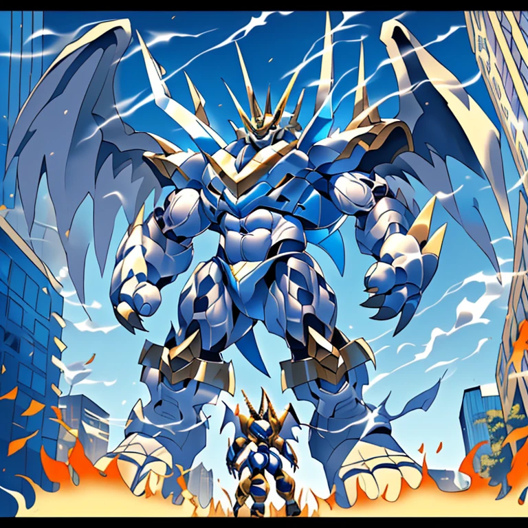 (solo. masterpiece. official art. 8k. best quality. detailed full body. full body.)
 
(situation 1 : dominating Imperialdramon_Paladin_Mode. Imperialdramon_Paladin_Mode is over 1000 meters long. focus GIANT mechanical Muscular Imperialdramon_Paladin_Mode is trampling the city. Looking down. macro. stomp. Low-angle perspective. emphasizing the immense size.)

(situation 2 :smoke and flames rising from the destruction in the city)

(Additional details 1: wearing a full-face helmet. armor. sword. holding a sword. gauntlet.).

(Additional details 2: (Detailed head. Detailed Body. Detailed abs. gigantic muscles. HYPER MUSCLES. Gigachad Muscular. big muscle. pecs. triceps. traps. unusually developed muscular body. body full of huge muscles. showing off muscles. pectorales enormes. Exaggeratedly huge muscles. huge muscles. long legs.).

(Additional details 3: Spread wings. It has wings. have big wings. The claws are sharp. Sharp teeth.).