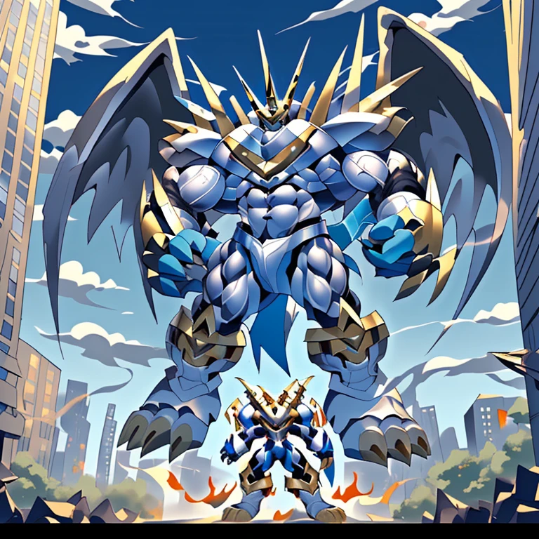 (solo. masterpiece. official art. 8k. best quality. detailed full body. full body.)
 
(situation 1 : dominating Imperialdramon_Paladin_Mode. Imperialdramon_Paladin_Mode is over 1000 meters long. focus GIANT mechanical Muscular Imperialdramon_Paladin_Mode is trampling the city. Looking down. macro. stomp. Low-angle perspective. emphasizing the immense size.)

(situation 2 :smoke and flames rising from the destruction in the city)

(Additional details 1: wearing a full-face helmet. armor. sword. holding a sword. gauntlet.).

(Additional details 2: (Detailed head. Detailed Body. Detailed abs. gigantic muscles. HYPER MUSCLES. Gigachad Muscular. big muscle. pecs. triceps. traps. unusually developed muscular body. body full of huge muscles. showing off muscles. pectorales enormes. Exaggeratedly huge muscles. huge muscles. long legs.).

(Additional details 3: Spread wings. It has wings. have big wings. The claws are sharp. Sharp teeth.).