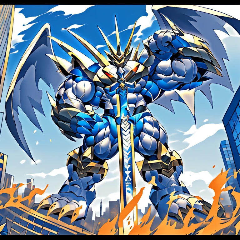 (solo. masterpiece. official art. 8k. best quality. detailed full body. full body.)
 
(situation 1 : dominating Imperialdramon_Paladin_Mode. Imperialdramon_Paladin_Mode is over 1000 meters long. focus GIANT mechanical Muscular Imperialdramon_Paladin_Mode is trampling the city. Looking down. macro. stomp. Low-angle perspective. emphasizing the immense size.)

(situation 2 :smoke and flames rising from the destruction in the city)

(Additional details 1: wearing a full-face helmet. armor. sword. holding a sword. gauntlet.).

(Additional details 2: (Detailed head. Detailed Body. Detailed abs. gigantic muscles. HYPER MUSCLES. Gigachad Muscular. big muscle. pecs. triceps. traps. unusually developed muscular body. body full of huge muscles. showing off muscles. pectorales enormes. Exaggeratedly huge muscles. huge muscles. long legs.).

(Additional details 3: Spread wings. It has wings. have big wings. The claws are sharp. Sharp teeth.).