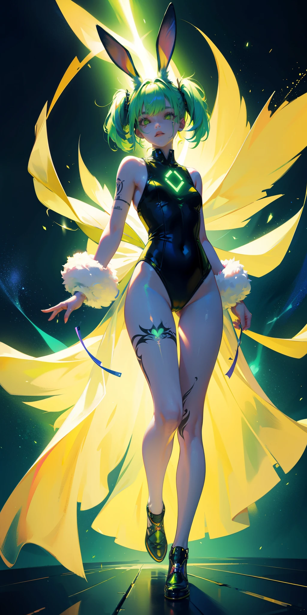 Rabbit technique , Science Fiction, Fluffy ,
1 girl, Tattoo, Glowing tattoo, Glowing eyes, Colorful glowing hair , Full body love, Green Hair,
Kawaiitech, Soft colors, Kawaii, Lovely colors,