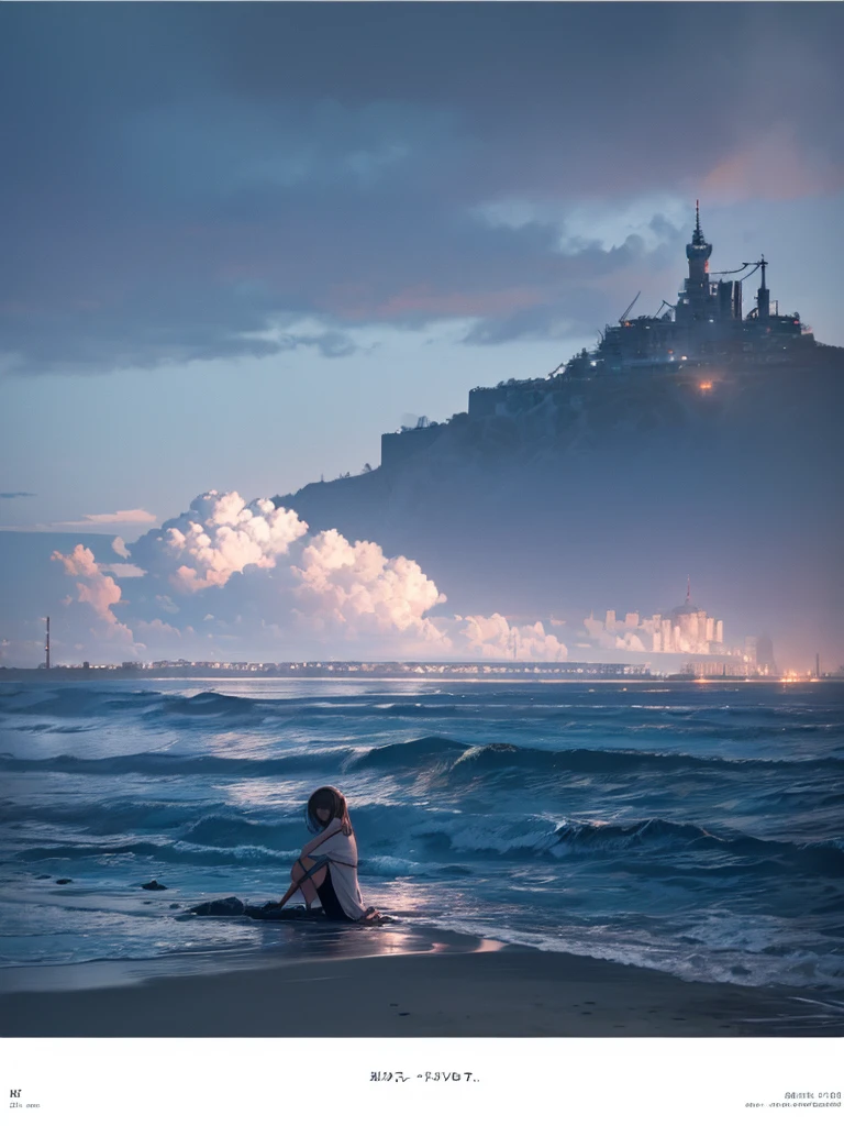 (masterpiece, Highest quality: 1.2), Super detailed, Cinema Lighting, High resolution, figure, landscape, One girl, (Soft colors), Post-apocalyptic beach, night, Desolate atmosphere, Girl sitting on the sand, Vegetation Covered, (Cloudy), Waves crashing on the shore, (Depressing but hopeful), A moment of quiet rest, (Detailed Texture), Windblown Hair, nightは曇り