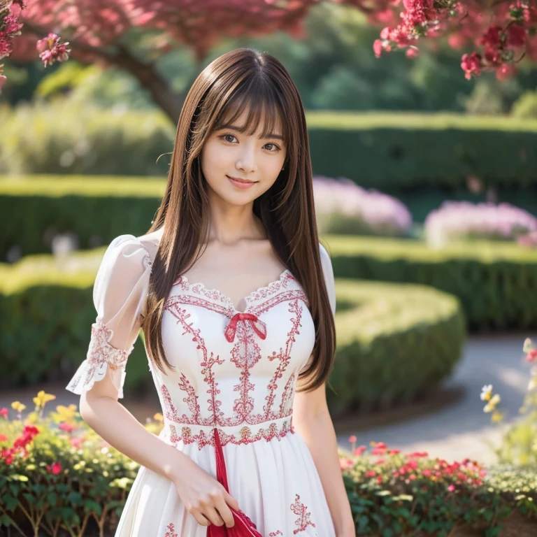 (Full Body Shot:1.2), (panorama:1.8), Cinema Lighting, ((Highest quality)), (RAW Photos, Highest quality), ( Realistic:1.4), realism, masterpiece, Very delicate and beautiful, Very detailed, 4k wallpaper, wonderful, finely, Very detailed CG unity 8k wallpaper, Very detailed, High resolution, Soft Light, Japanese, (one shot:1.9), (24-years-old:1.6), (Round face:1.2), (Fat:0.8), Beautiful detailed woman,Famous Japanese actresses, Detailed face, finelyて美しい目, Very detailedな目と顔, Beautiful eyes and a beautifully detailed nose, Ultra HD glossy lips, (Straight Hair:1.4), Shiny Hair, Shiny Hair, Brown Hair, (bangs:1.4), Long, slender legs, Toned body, (Smiling:1.3), Natural Makeup, (PINKHOUSE, Cute red and white top-class princess dress:1.4), (Cute big ribbon on the chest:1.1), (Very intricate and detailed lace decoration:1.1), (A very intricate and elaborately decorated princess dress:1.4), (The most extravagant dress with pretty ruffles and bows:1.1), (The most gorgeous dress with lovely lace embellishment:1.1), Lots of cute frills, Accentuate your body lines, Standing Elegantly, (Bright and shiny dress:1.2), (pumps:1.1), (Strolling through the garden:1.4),