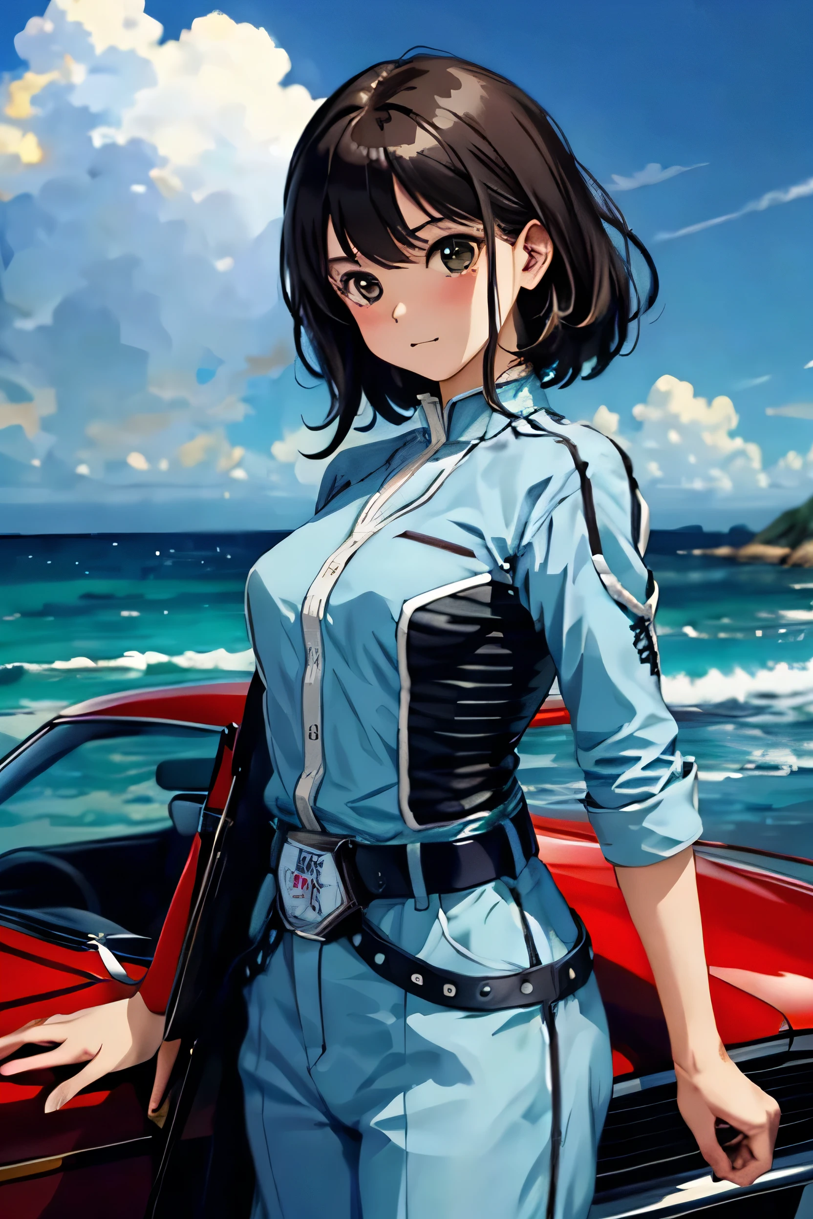 masterpiece, Highest quality, alone,One girl,View your viewers,Outdoor, Cowboy Shot,Ocean,Anime Style, Ann, car, Security guard car, Pointer