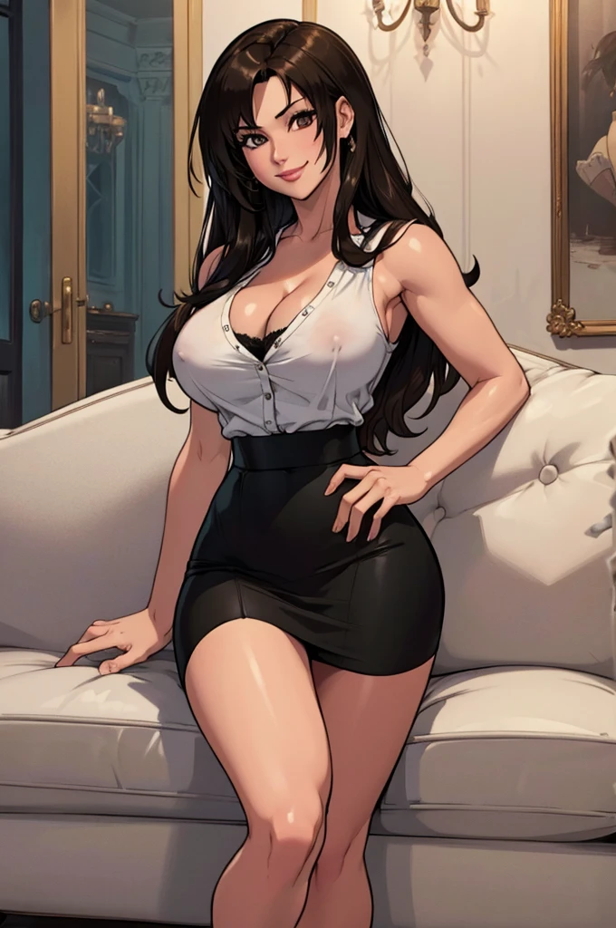 (masterpiece, best quality:1.2), 8k, woman, solo, long hair, brunette, tifa lockhart, sofa, looking at viewer, viewer in sofa, big tits, cleavage, white shirt, black skirt, black stockings, smile