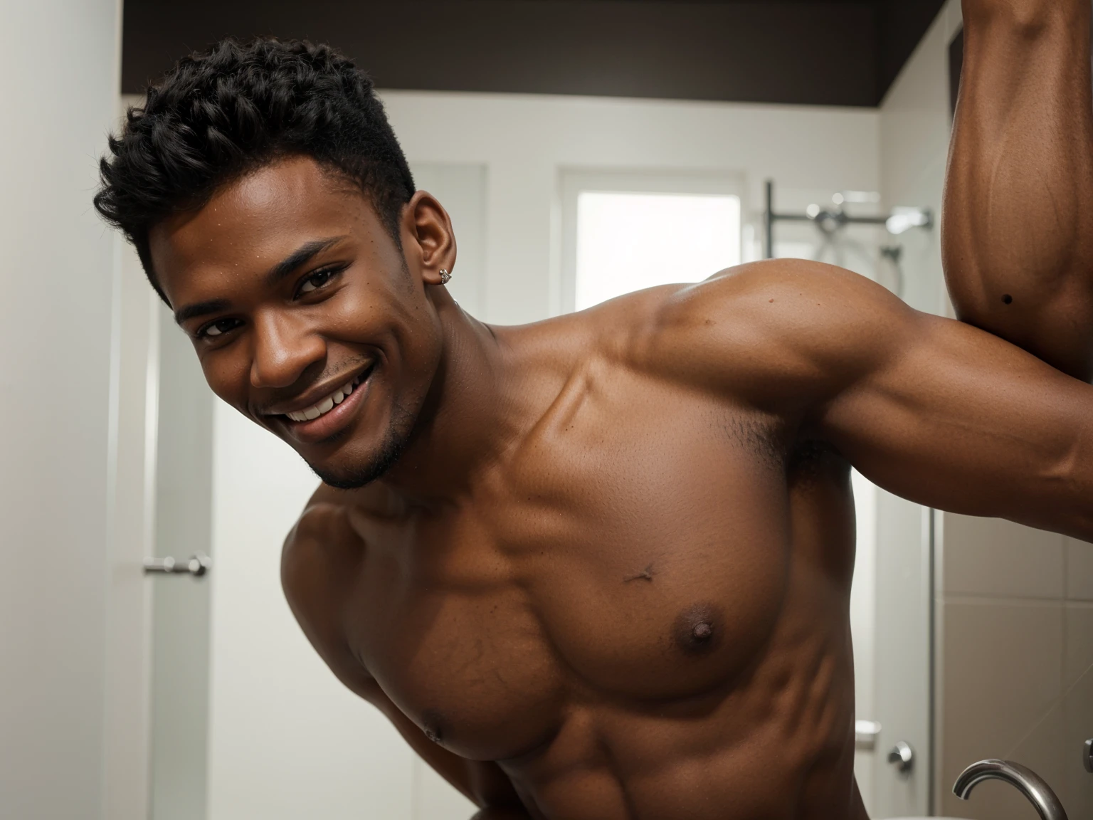 Naked Young tall black young man, masculine gay look, t shirt, naked full body, portrait photo, smiling, smiling, white teeth, muscular bust. Short close cropped black stubble. One earing, bick black penis, big testicles, horny black penis