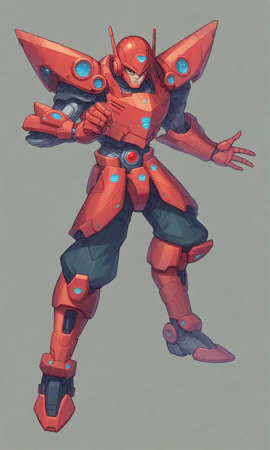  in kinu-sensei artstyle, Kinu Nishimura style, muted pastel colors, 1boy, solo, hardboiled, reploid, dynamic pose, In this image, we see Megaman X, the protagonist from the "Megaman X" series, with a design inspired by his appearance in "Megaman X8". The character is a Reploid, an advanced humanoid robot. He is depicted with a streamlined and sleek design, showcasing a blue and light blue color scheme with red accents. His helmet features a distinctive red gem on the forehead, with integrated ear covers that have red and black details. Megaman X's body armor is composed of futuristic, segmented plates that provide both protection and flexibility. His hands are enclosed in large, gauntlet-style gloves, while his feet are clad in robust, armored boots.

The art style is clean and polished, with smooth shading and crisp outlines that highlight the futuristic design of the character. The overall aesthetic is consistent with the high-tech and action-packed atmosphere of the "Megaman X" series, emphasizing the character's agility and combat-readiness. The illustration captures the essence of a heroic and powerful Reploid, ready to take on any challenge.

**AI Art Prompts:**
- "Megaman X8 Reploid character design"
- "futuristic robot armor, sleek blue and light blue color scheme, red accents"
- "high-tech humanoid robot with segmented body armor"
- "streamlined design, Megaman X, detailed shading and clean outlines"
- "heroic robot warrior, futuristic and agile appearance"