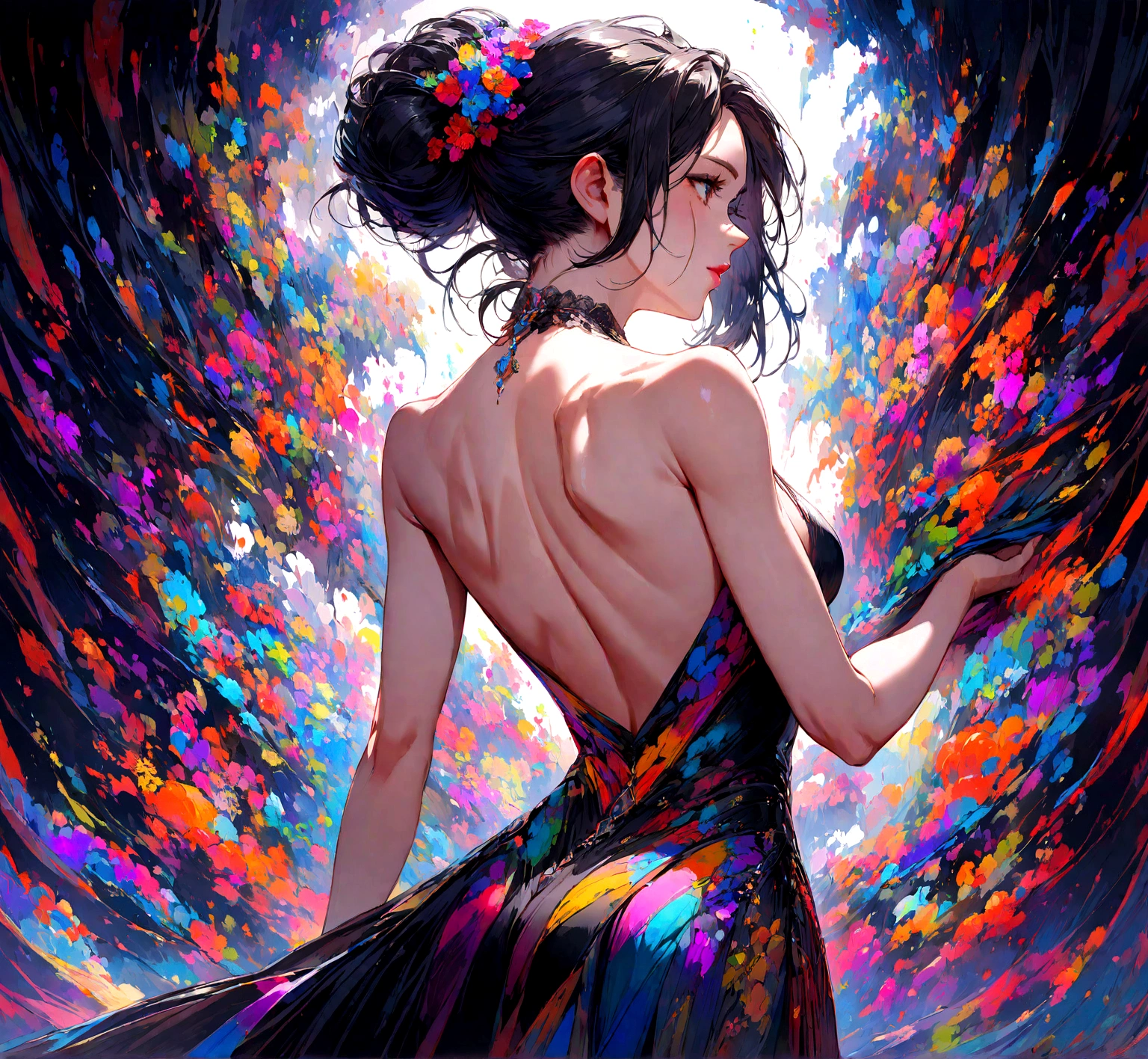 Beautiful woman with medium black hair with her back looking at the spectacle with her back bare.