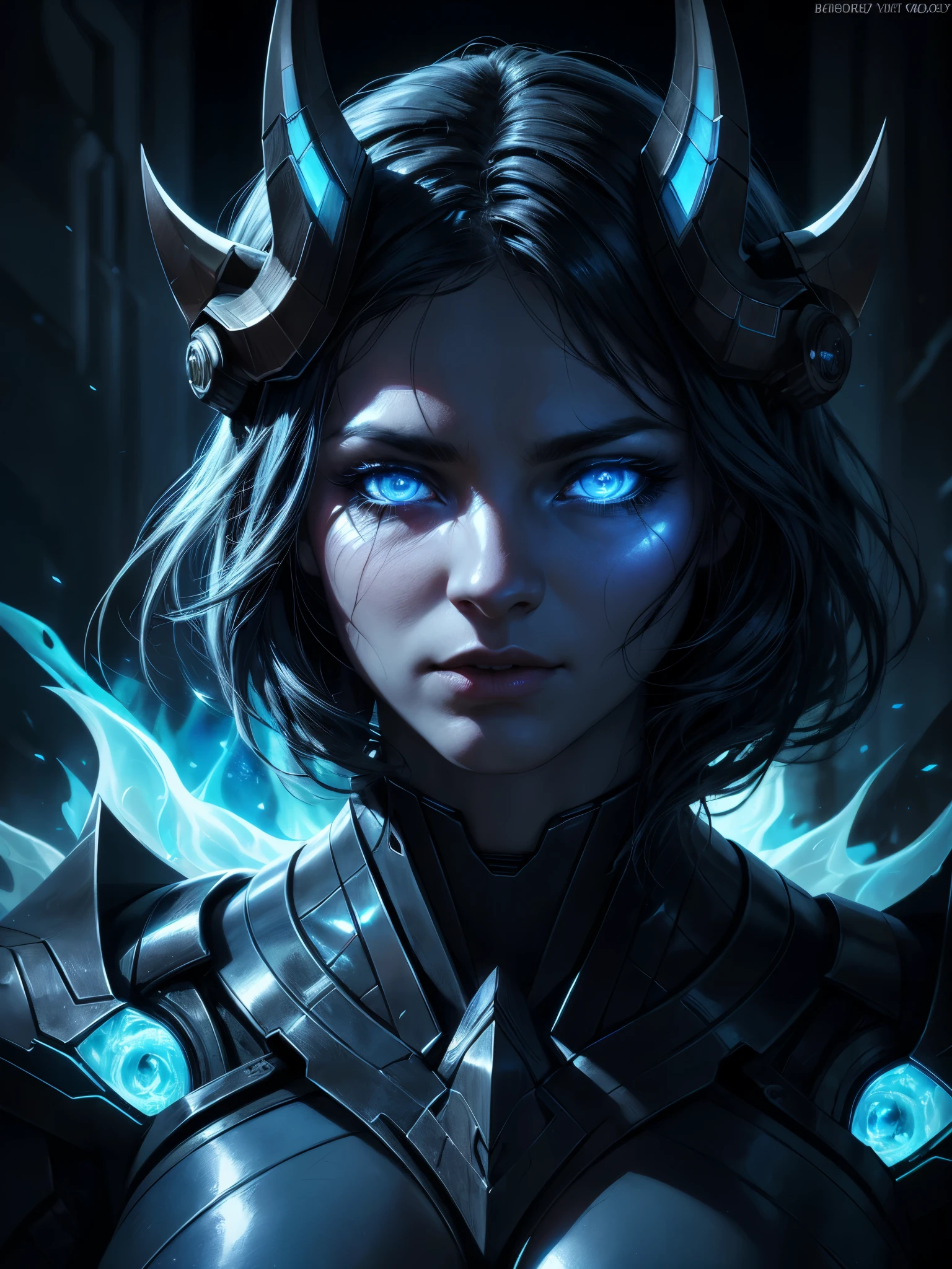 A celestial woman with her ((head engulfed in blue flames)), a pair of macabre horns on her head, a sexy technological combat suit-clad body, vibrant colored glowing eyes, a hellish inspired scenario, (best quality,4k,8k,highres,masterpiece:1.2),ultra-detailed,(realistic,photorealistic,photo-realistic:1.37),detailed eyes,detailed lips,extremely detailed face,long eyelashes,portrait,dark fantasy,sci-fi,digital art,cinematic lighting,dramatic colors,chiaroscuro,moody atmosphere,((head on fire))