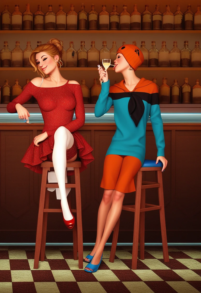 two 1920'S flapper girls at the speakeasy bar sipping champagne and smoking cigarettes, cinematic realism,