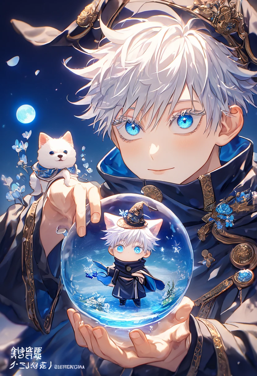 absurdres, highres, ultra detailed, HDR, master piece, Gojou Satoru chibi, white hair, expressive blue eyes, white eyelashes, small dog, white dog, expressive blue eyes, Jujutsu Kaisen, magical hat, cute, best quality, blue moon, flowers, fantasy, magical, solo, water, blue shining fireflies, blue petals, cape, the word "Krozseria" is written on his shirt, glass