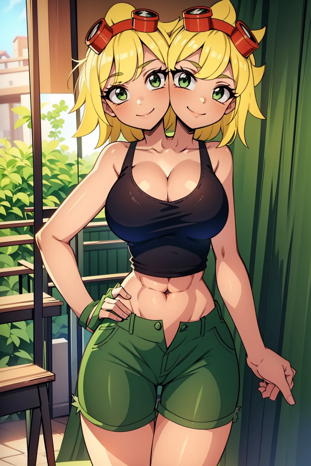 best quality, (masterpiece),(ultra-detailed), (high quality), (high resolution), ((2heads:1.5)), best quality:1.5, highres, UHD, 16K), smiling, highres, masterpiece, (blonde hair), (cleavage), (black short tank top), medium long hair, ((green denim shorts)), lustrous and smooth skin, (mature woman), (black eyes), (cute face), (exposed midriff), seductive silhouette, ((slim hips)), casual dress, sexy proportions, young girl with accentuated slender abs, long legs, seductive woman, lustrous woman, (large breasts), ((detailed eyes)), boots, (red goggles)