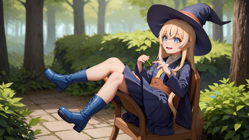 masterpiece, taller than,Very detailed, Absurd, witch, 8-year-old, girl, alone, Blonde, Long Hair, blue eyes, Blue Boots, Long sleeve,Have,in the forest, smile,Open your mouth,