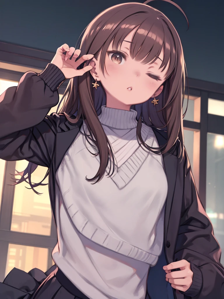 One Girl, Ahoge, bangs, 黒いskirt, 黒いsweater, Blue Claws, Blurred, Blurred background, chest, Brown eyes, Brown Hair, 茶色のJacket, Mouth closed, repair, Day, Written boundary depth, Earrings, eyelash, Please raise your hand, Tilt your head, Jacket, jewelry, Long Hair, Long sleeve, Show Viewer, medium chest, Manicure, Open your clothes, オープンJacket, Outdoor, Pursing your lips, tuck your shirt in, Side Lock, skirt, Sleeves are longer than the wrist, alone, sweater, Upper Body, zipper, , , ((Tabletop)), ,