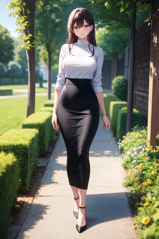 1girl, woman, tight midi pencil skirt black, long length pencil skirt, long hair, full body, walking, garden, summer