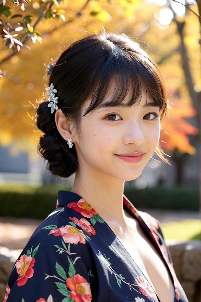 (Realistic:1.3), Rembrandt Lighting, (Tabletop:1.2), (Realistic:1.2), (Highest quality), (Detailed skin:1.3), (Intricate details), Ray Tracing,One Girl, Japanese girl, 21 years old, Detailed skin texture, (blush:0.5), Scattered beneath the surface, smile, Updo, bangs, Hair between the eyes, hair ornaments, Kimono with blue floral pattern,  Stand in the inner, Large Breasts,  (Bright sunny day, Autumn scenery, Autumn Tree々々And leaves, (Zen Garden:1.2)