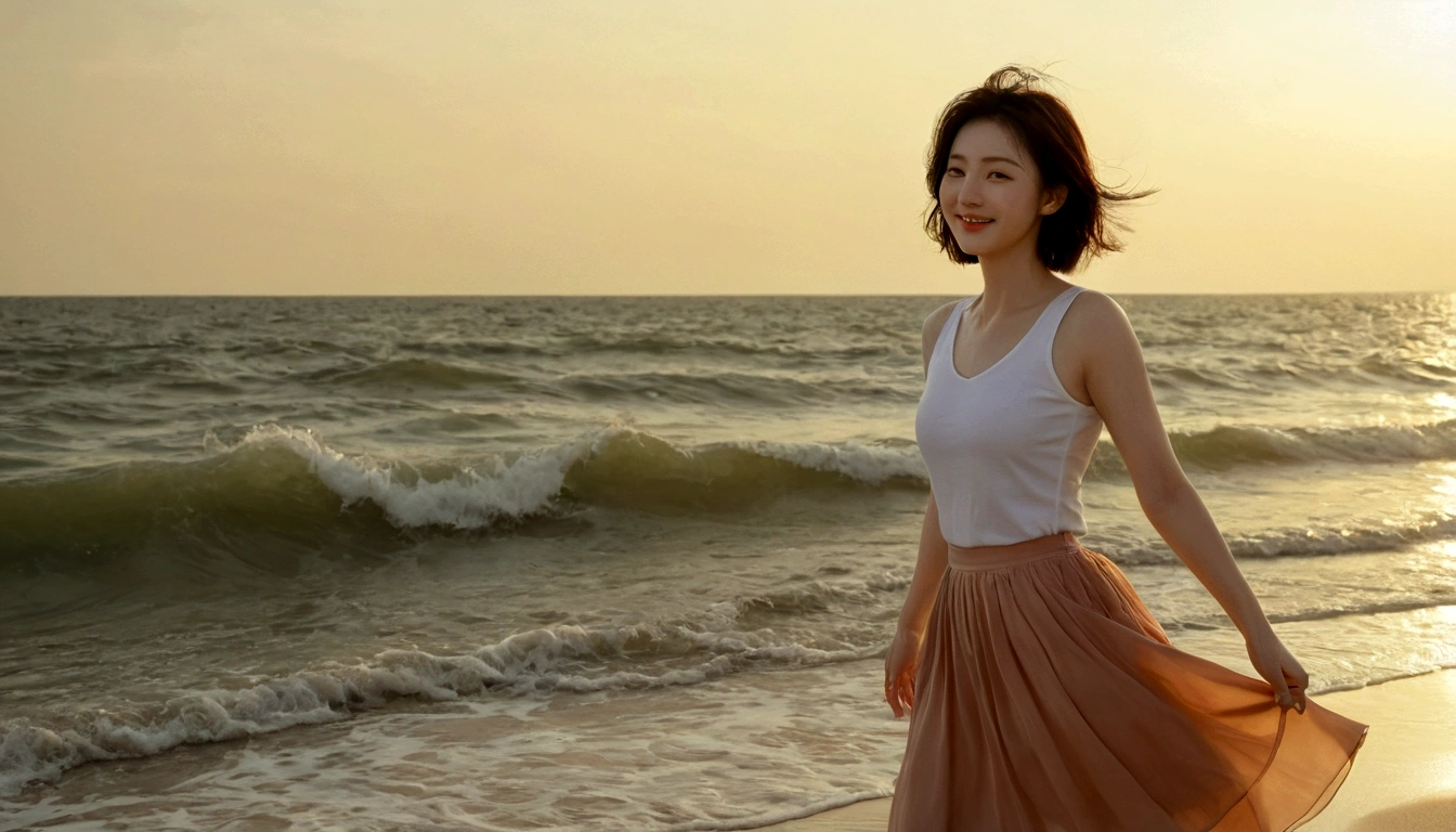 sunset on the beach，바다에 잔광이 비치네sunset on the beach 붉은 태양，A strong lingering scent is reflected in the sea., Beautiful 36-year-old short Korean woman, Chest size 34 inches, Wear sleeveless, light skirt. beautiful pretty woman look , wearing a light skirt , Go far into the sea water and dip your toes., Short medium hair blowing in the wind, 1 short woman, beautiful eyes, a little smile, Full-body photo taken from afar with a wide-angle lens, The background is clean and perfect., waves moved by the wind, best high definition, The facial contour is perfect. Put your hands neatly in front of you