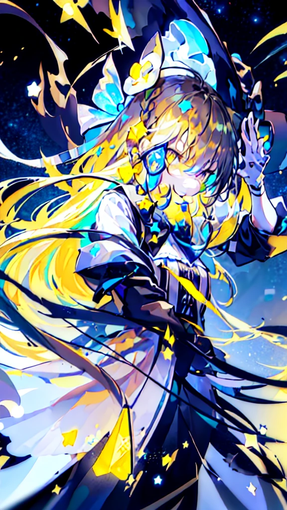 (Best image quality), blonde_hair, length_hair, Have, witch_Have, bow, yellow_eye, Braiding, single_Braiding, Have_bow, smile, hair_bow, white_bow, 前hair, black_hat, (Highly detailed CG Unity 16k wallpaper:1.1), Night Sky,(shooting star)