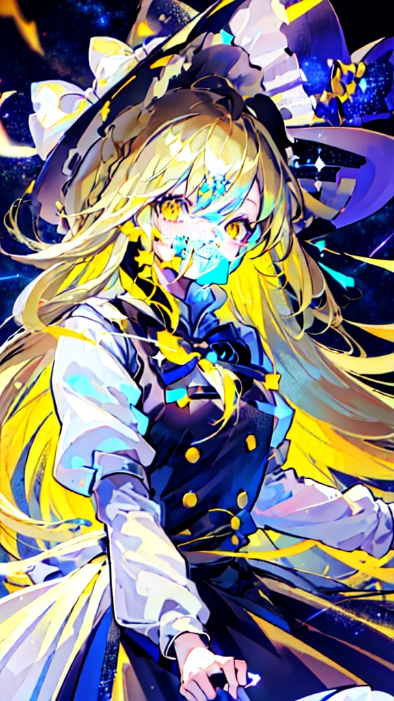 (Best image quality), blonde_hair, length_hair, Have, witch_Have, bow, yellow_eye, Braiding, single_Braiding, Have_bow, smile, hair_bow, white_bow, 前hair, black_hat, (Highly detailed CG Unity 16k wallpaper:1.1), Night Sky,(shooting star)